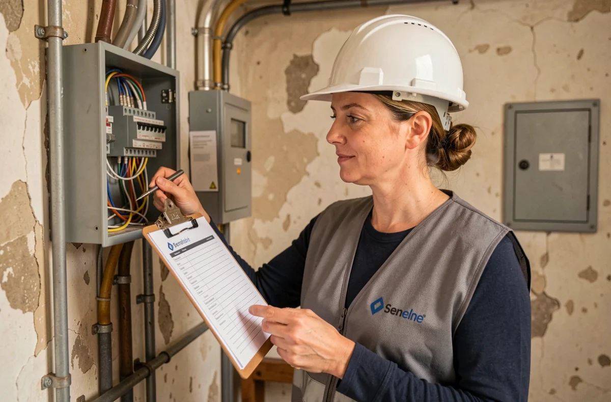 Technicienne de 1 2 3 Diagnostics Immobiliers inspectant un tableau électrique dans une maison ancienne