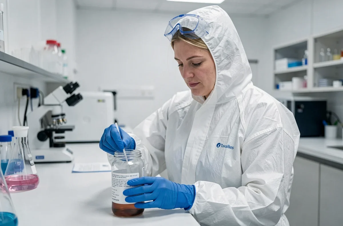 Spécialiste AC Environnement en combinaison de protection étiquetant un échantillon dans un laboratoire d'analyse