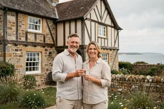 Couple devant une maison normande en pierre à vendre proche du bord de mer en Normandie