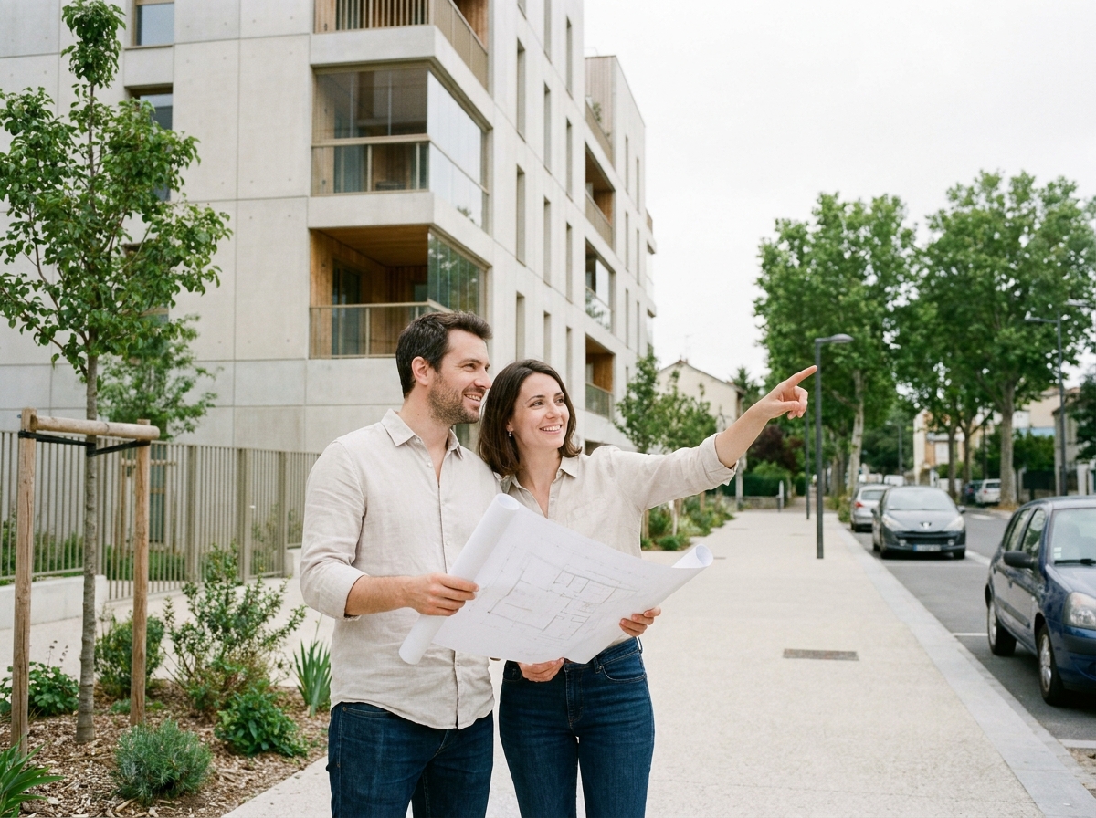 Couple d'acheteurs devant un immeuble neuf à Bagneux, tenant des plans d'architecte et souriant
