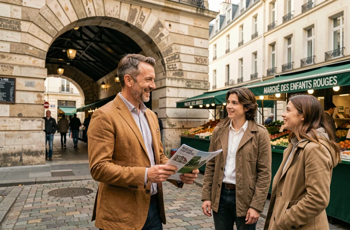 Agent de l'Agence des Enfants Rouges devant le marché du Marais à Paris avec des clients