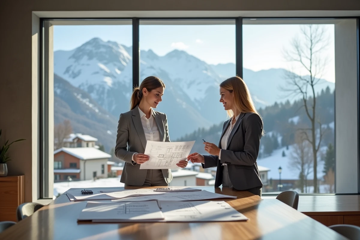 Agente immobilière présentant des plans d'appartements dans une agence moderne en Andorre