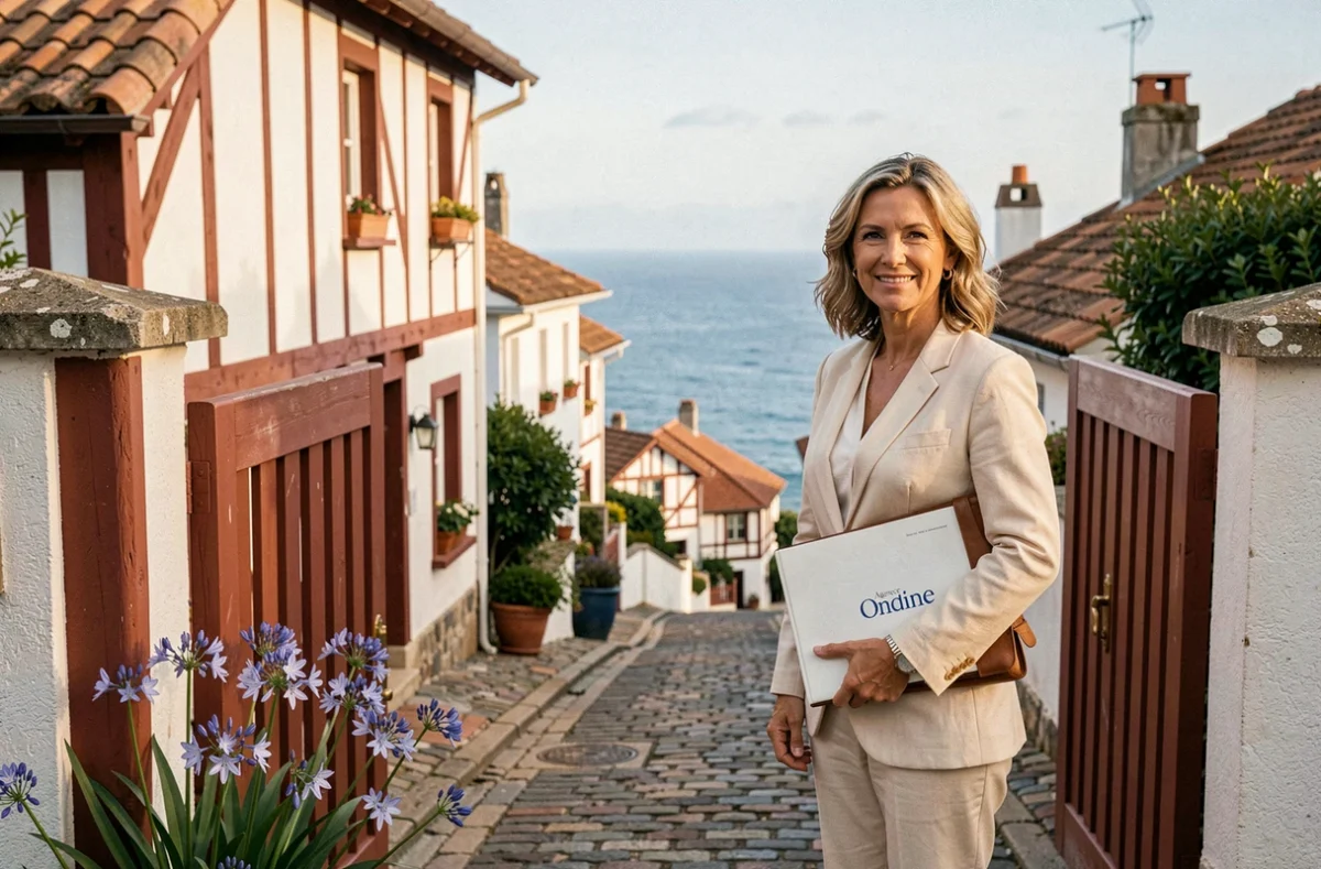Agent de l'Agence Ondine devant une villa basque typique à Biarritz avec l'océan Atlantique en arrière-plan