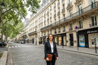 Vue d'une rue haussmannienne des Hauts-de-Seine avec des vitrines d'agences immobilières et une professionnelle tenant un portfolio