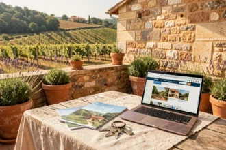 Terrasse provençale avec brochures de location saisonnière et clés de maison, vue sur vignoble en Nouvelle-Aquitaine