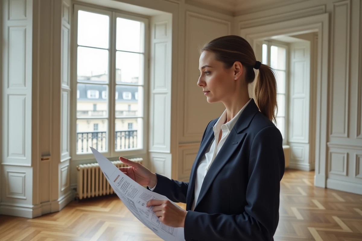 Agent immobilier présentant un rapport d'estimation dans un appartement haussmannien de prestige à Paris