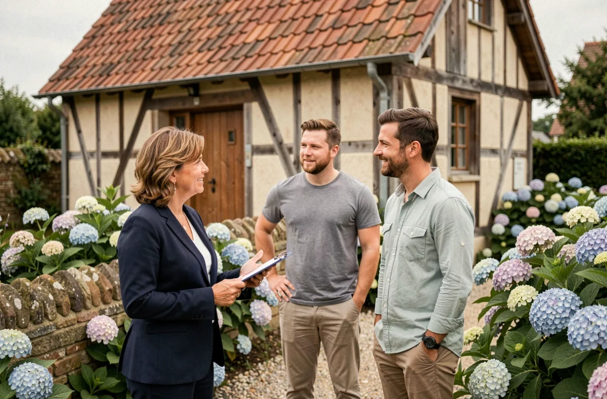 Agent immobilier présentant une petite maison de pêcheur normande à un couple d'acheteurs potentiels