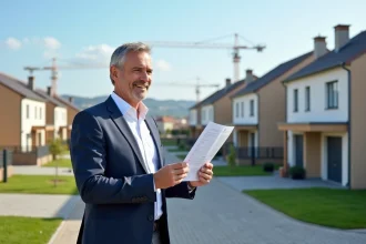 Agent immobilier tenant un tableau de prix fonciers devant un lotissement en périphérie d'une grande ville française
