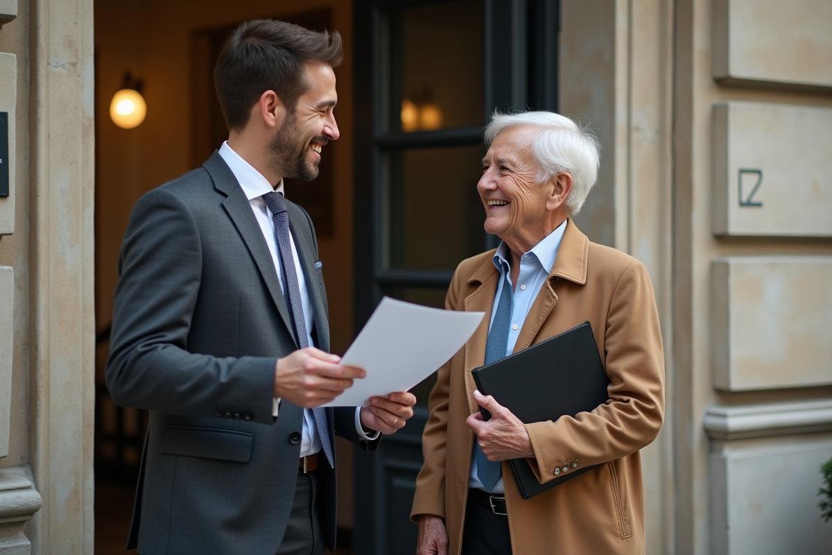 Agent immobilier remettant des clés à un client devant un bâtiment rénové