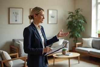 Agent immobilier présentant un salon meublé à vendre avec option de mobilier inclus