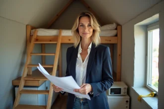 Agent immobilière tenant un plan de studio de petite taille avec lit en mezzanine, illustrant la question de la surface minimale d'une chambre selon la loi Carrez