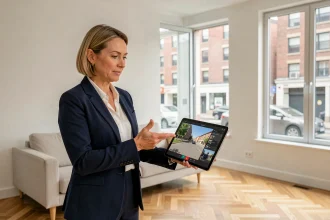 Agent immobilière présentant une visite virtuelle 360 sur tablette dans un appartement moderne