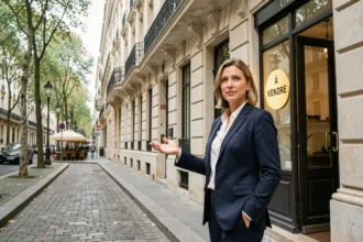 Agent immobilier devant un immeuble haussmannien parisien emblématique, illustrant le marché immobilier de Paris