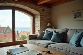 Salon d'un appartement meublé à Concarneau avec vue sur les toits bretons et l'océan, illustrant la location saisonnière ou longue durée