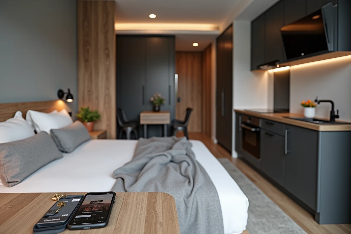 Appartement T1bis rénové et aménagé pour la location saisonnière Airbnb, avec espace nuit séparé, cuisine ouverte et smartphone affichant une annonce