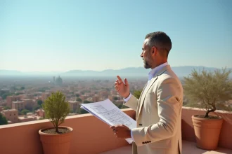 Agent immobilier présentant un appartement à vendre à Marrakech avec vue sur la médina et l'Atlas