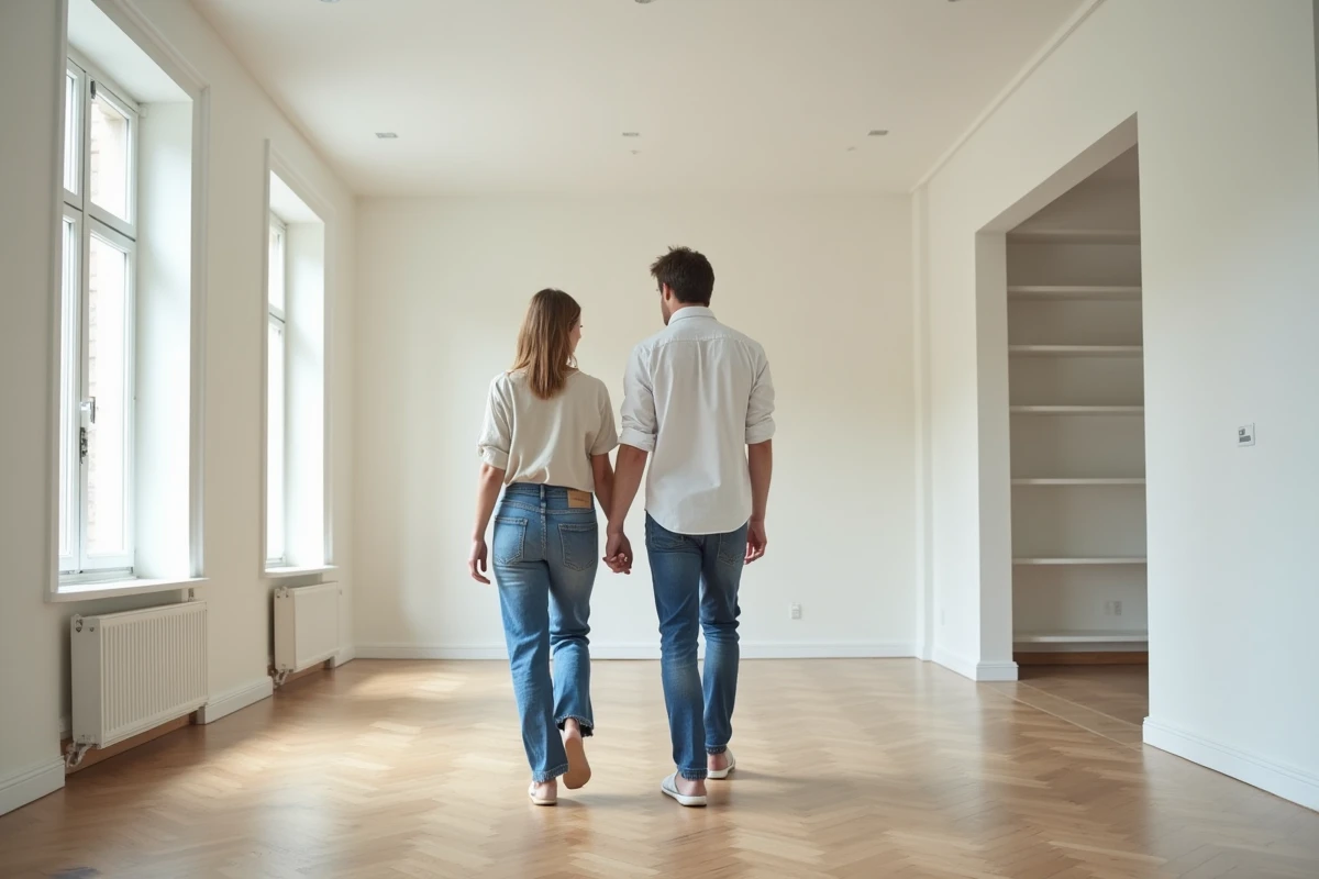 Couple visitant un appartement vide après déménagement du mobilier avant vente immobilière