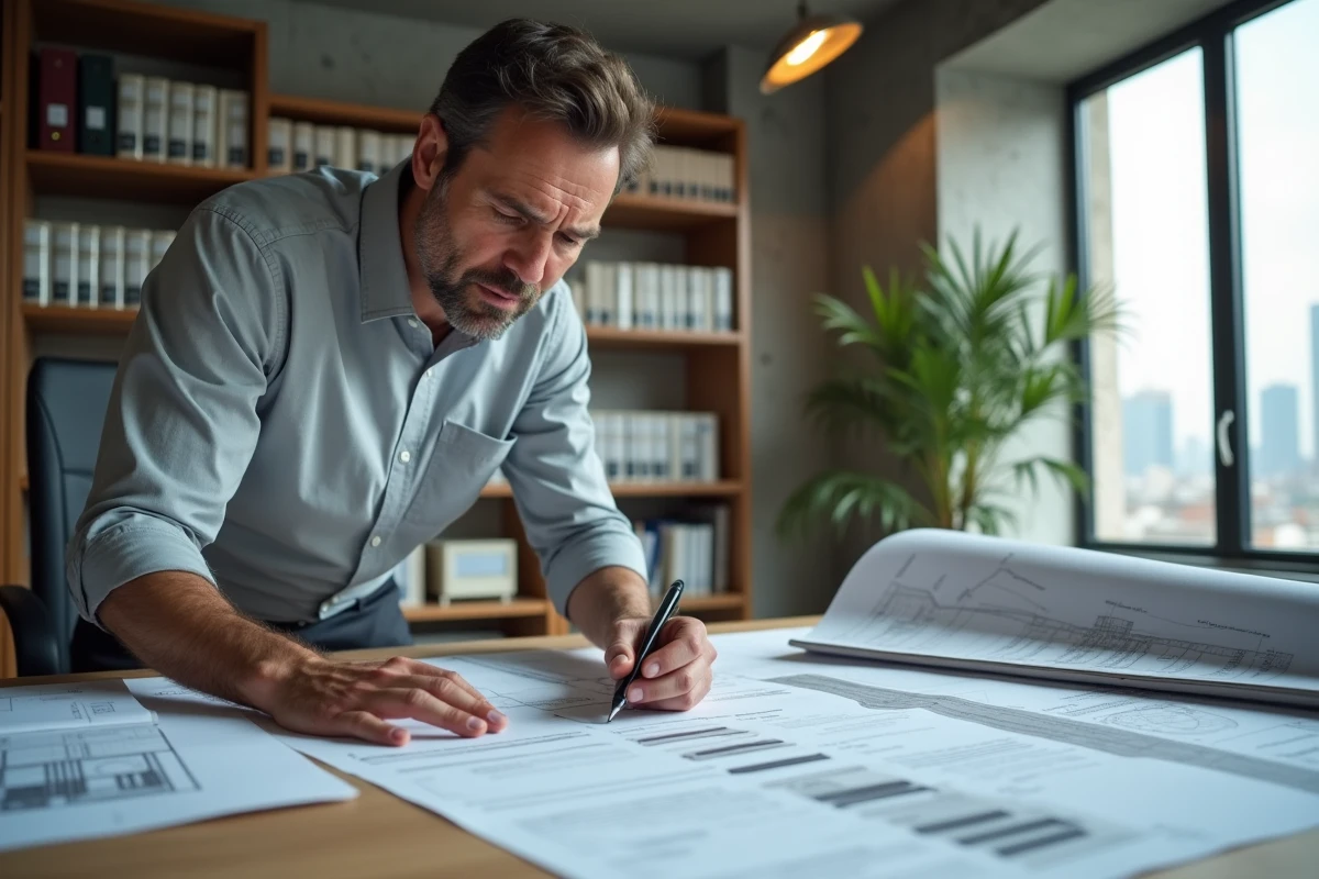 Architecte examinant un certificat d'urbanisme opérationnel rempli avec erreurs sur un bureau couvert de documents administratifs