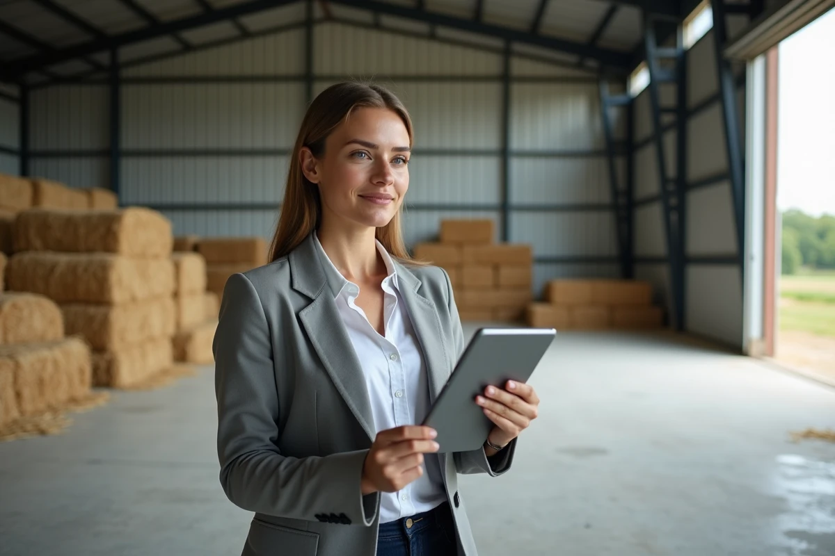 Jeune architecte dans un hangar agricole moderne
