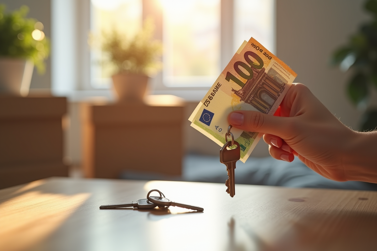 Main tenant tenant des billets et clés de maison sur une table