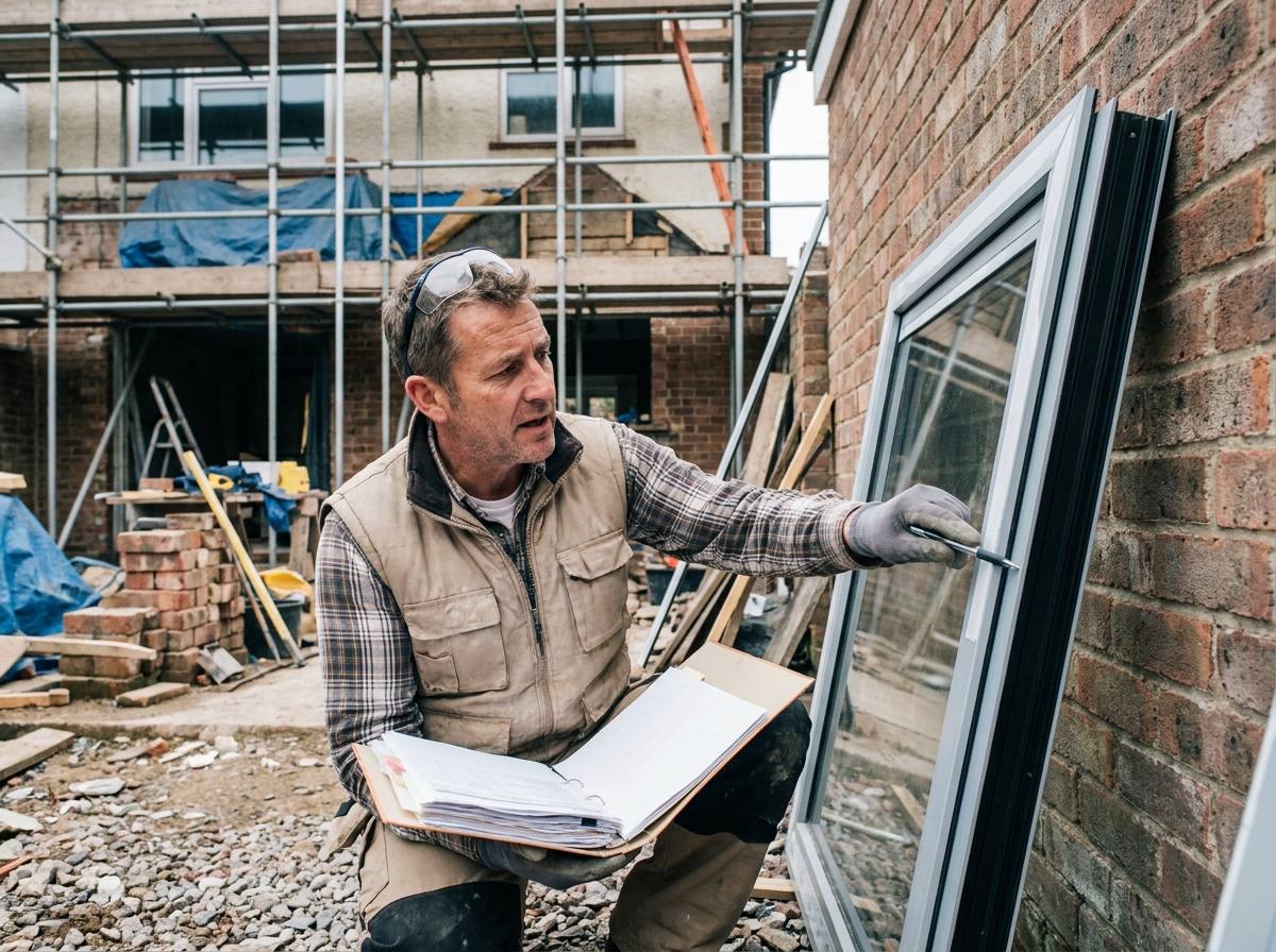 Artisan du bâtiment examinant une nouvelle fenêtre à double vitrage sur un chantier de rénovation de maison ancienne avec devis en main