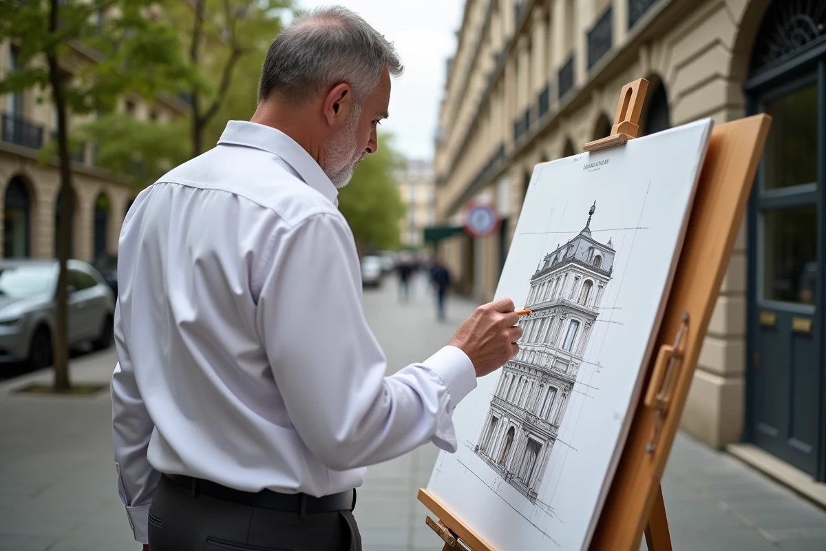 Homme dessinant un bâtiment haussmannien en extérieur à Paris