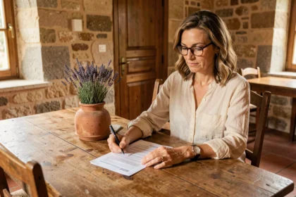 Femme consultant un contrat d'assurance habitation dans une maison au style typique d'Albi avec murs en pierre et carrelage en terre cuite