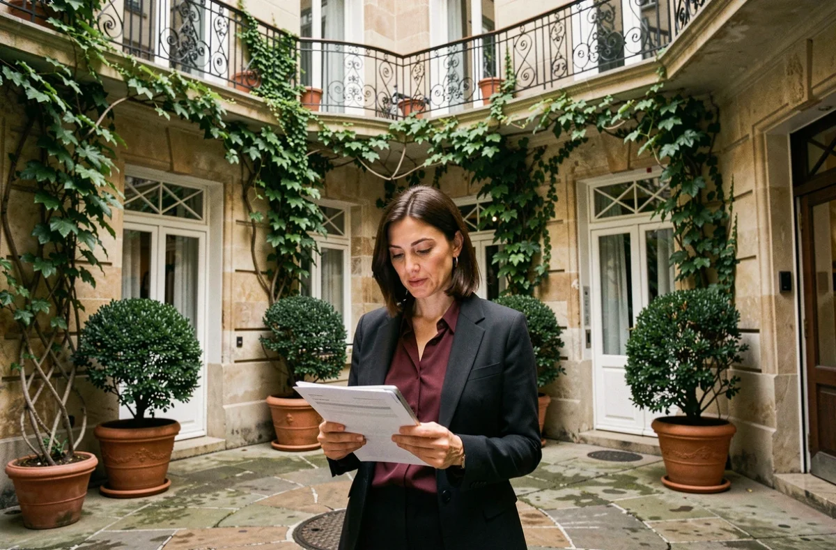 Gestionnaire Atrium Gestion dans une cour intérieure haussmannienne parisienne avec tablette de gestion