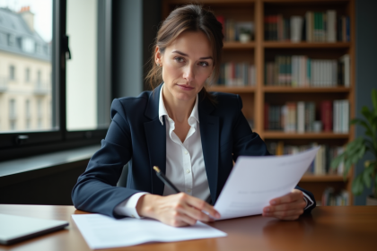 Femme professionnelle relisant un document de bail dans un bureau moderne