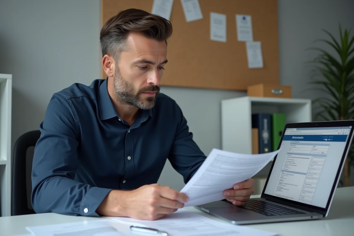 Bailleur consultant une attestation APL sur son bureau avec le site de la CAF ouvert sur son ordinateur portable