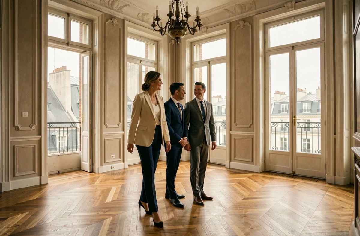 Agente Breteuil faisant visiter un appartement parisien de prestige avec parquet en chevrons et moulures