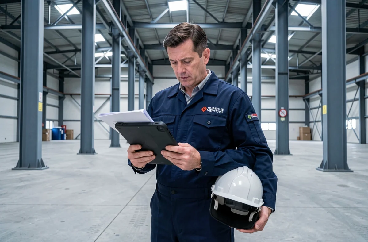 Ingénieur Bureau Veritas en uniforme officiel consultant un rapport numérique lors d'une inspection dans un bâtiment industriel