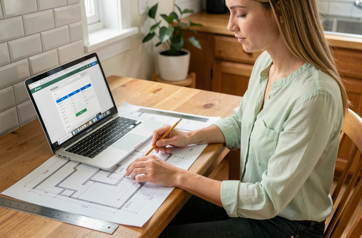 Femme calculant la superficie d'une pièce sur papier millimétré avec un ordinateur affichant un outil de calcul en ligne