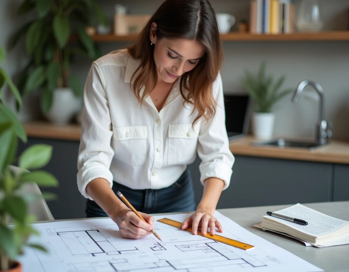 Femme calculant les mètres carrés d'une pièce sur des plans architecturaux posés sur une table