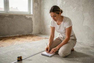 Femme mesurant la surface d'un sol en béton brut avec un mètre ruban dans un appartement en rénovation