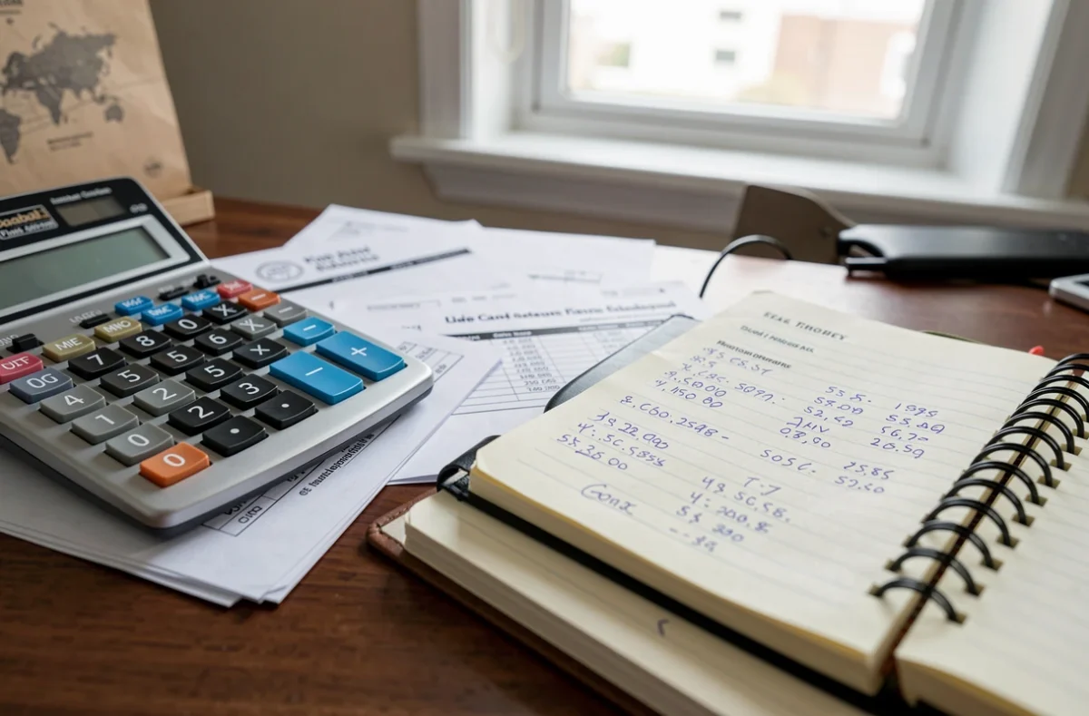 Calculatrice et factures posées sur un bureau pour calculer une plus-value