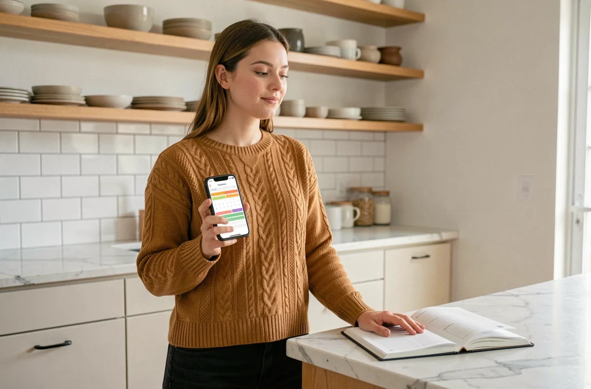 Jeune femme consultant un calendrier de gestion locative sur smartphone dans une cuisine moderne
