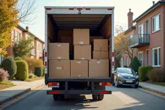 Camion de déménagement ouvert avec cartons dans une rue