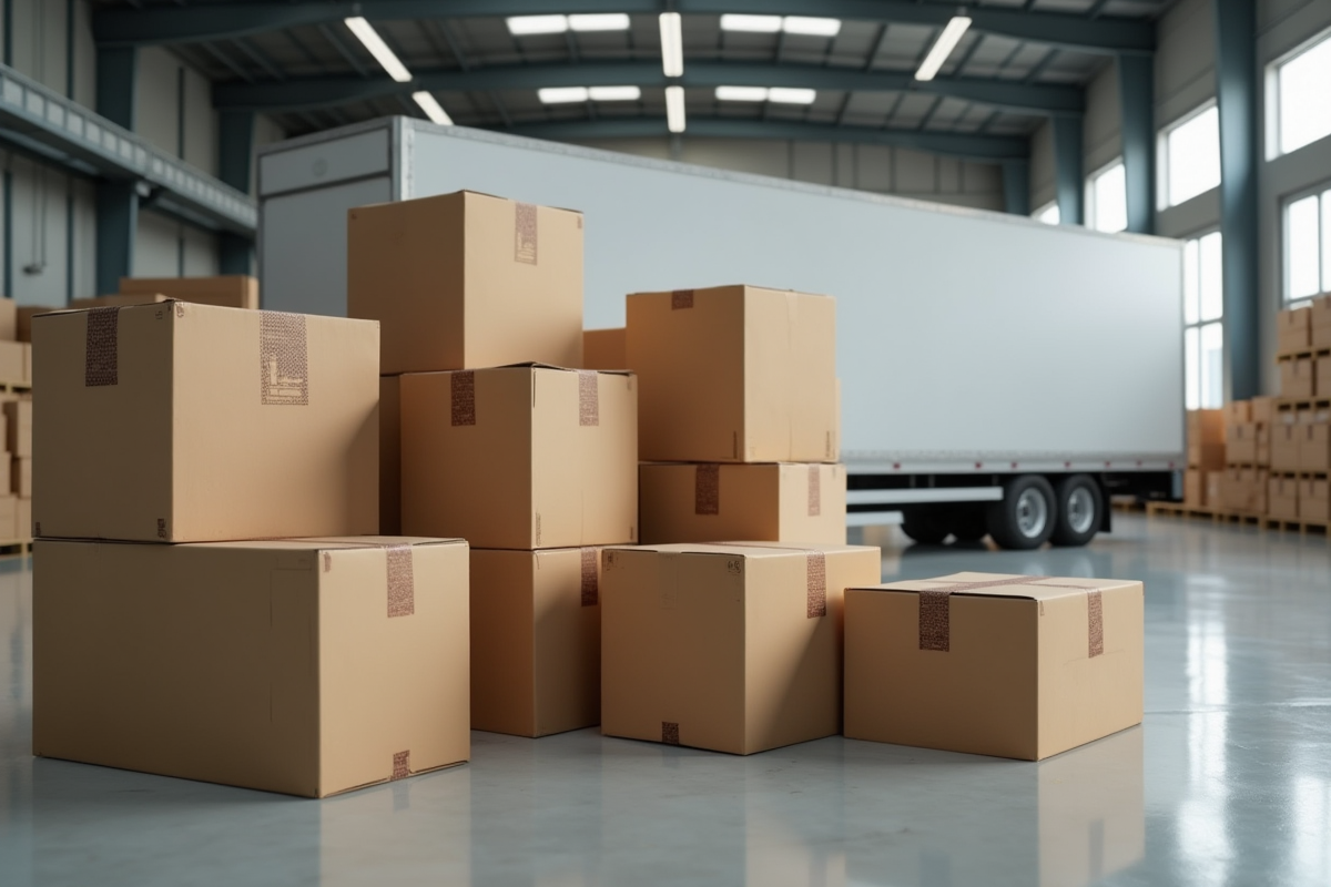 Cartons de déménagement empiles dans un entrepôt lumineux