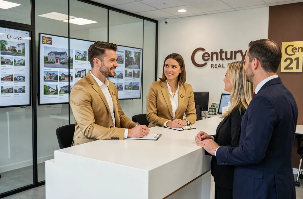 Intérieur d'une agence Century 21 avec des agents en blazer doré en consultation avec des clients