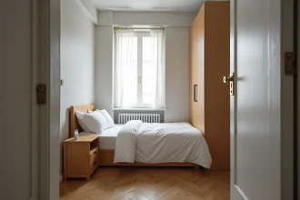 Petite chambre meublée de moins de 9m2 avec un lit simple, une table de nuit en bois et une armoire encastrée dans un logement locatif urbain