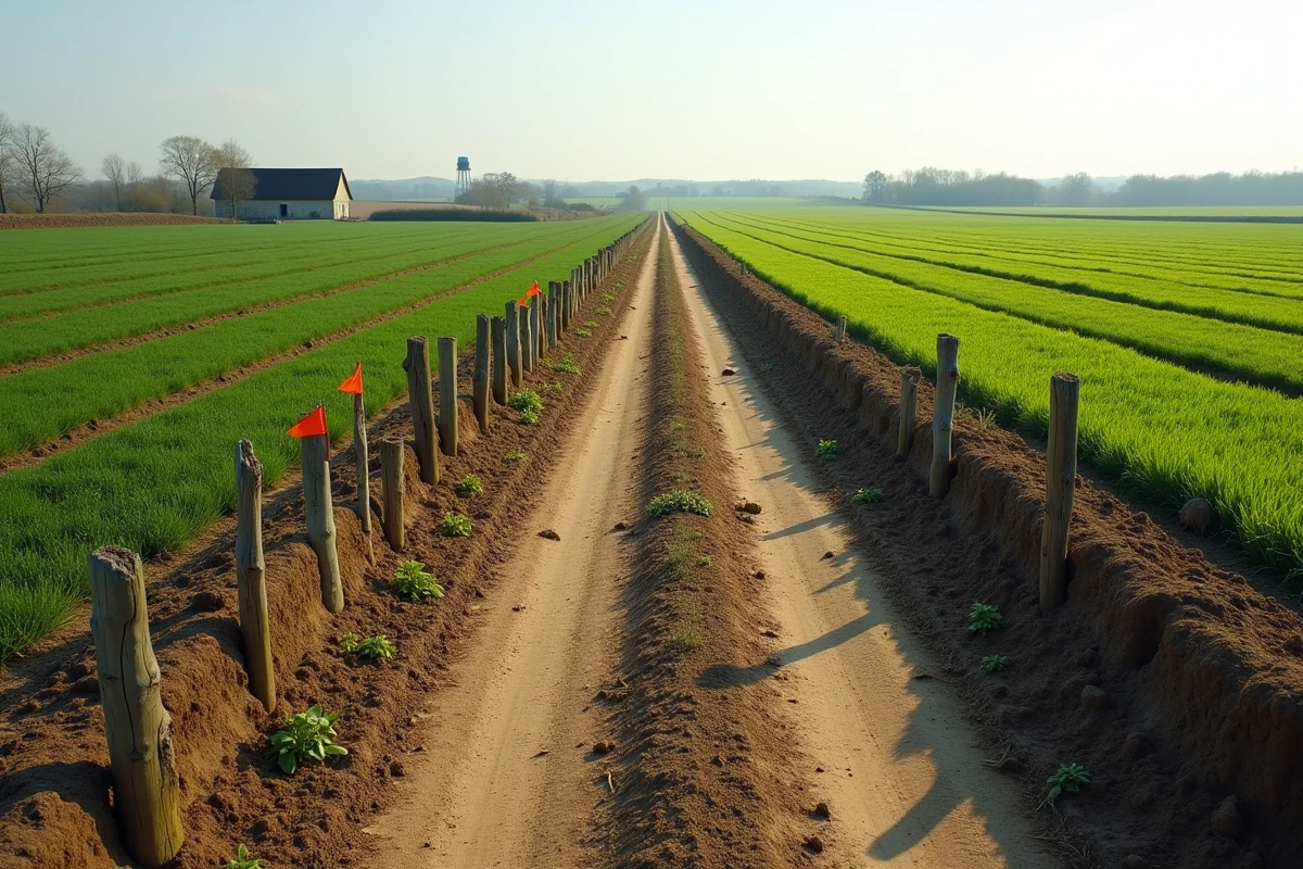 Vue au sol d'un immense champ agricole de 50 hectares avec jalons de bornage et route de terre en perspective