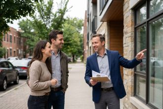 Expert chasseur immobilier présentant un appartement à un couple lors d'une visite en extérieur