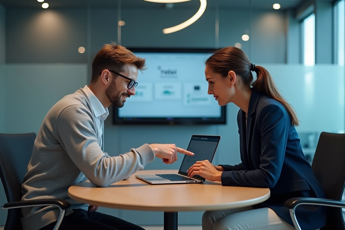 Deux collègues consultant ensemble un guide de l'intranet conseiller sur un ordinateur portable en salle de réunion