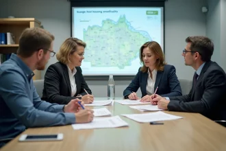Commission de logement social réunie autour d'une table de réunion municipale, examinant des dossiers de candidature