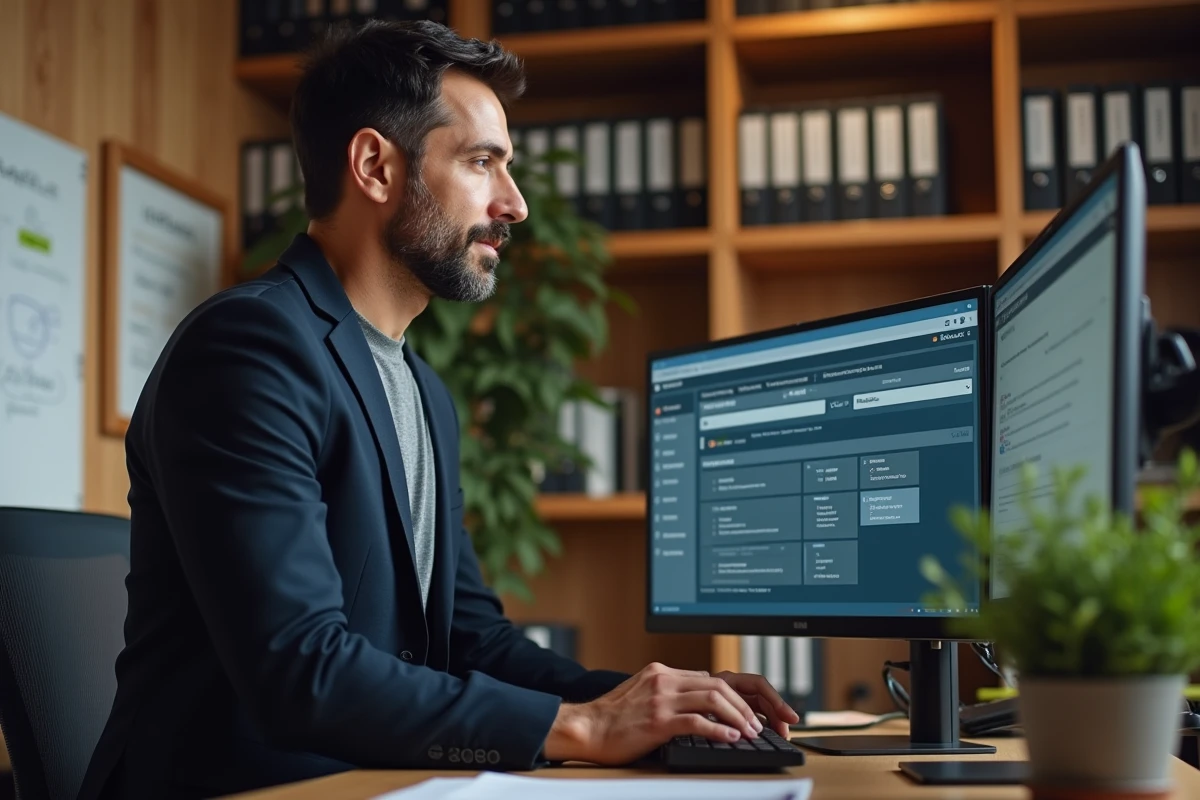 Conseiller debout devant un écran intranet dans un bureau individuel avec étagères