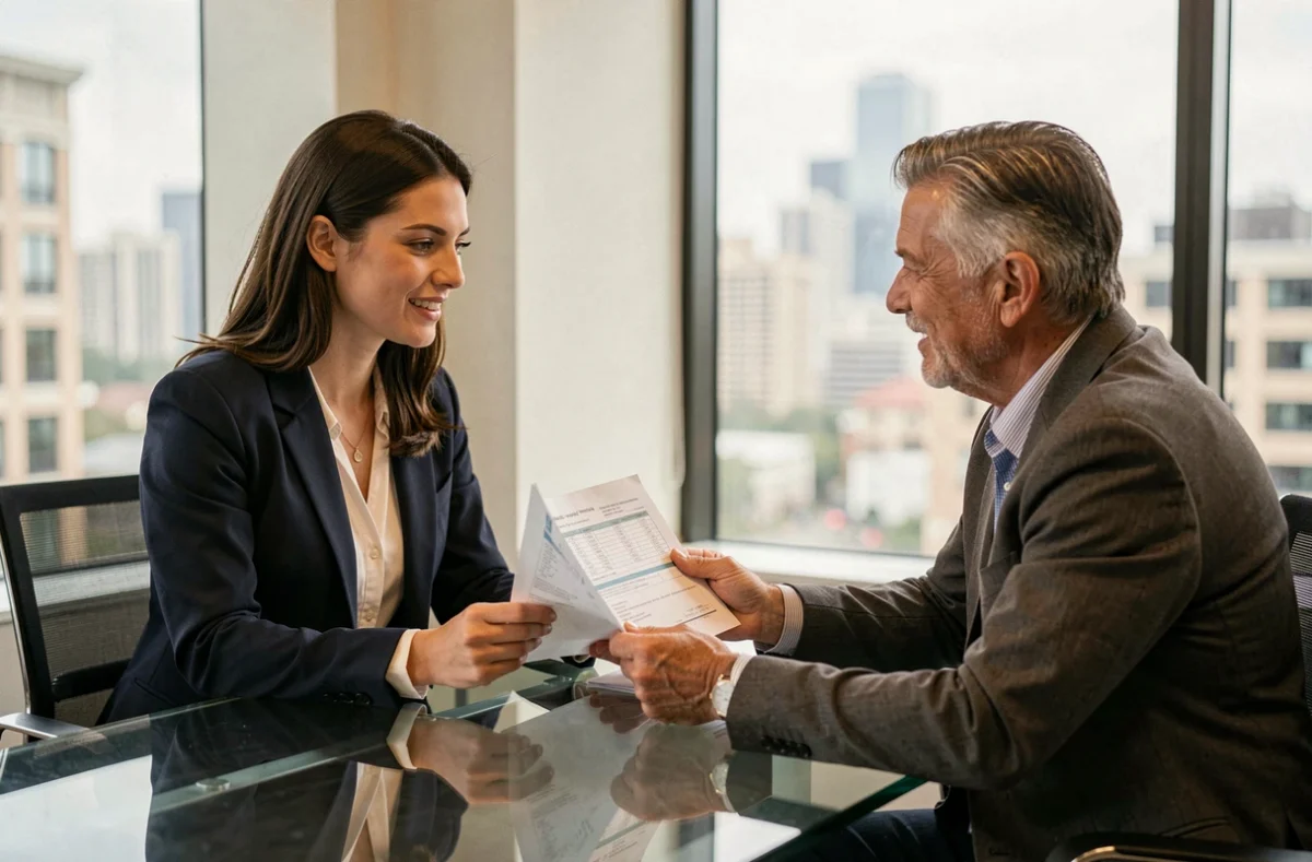 Conseillère en assurance présentant une offre de garantie multirisque PNO à un investisseur immobilier