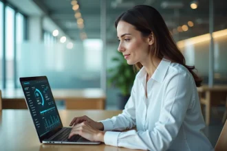 Conseillère utilisant un espace intranet sur son ordinateur portable dans un bureau moderne