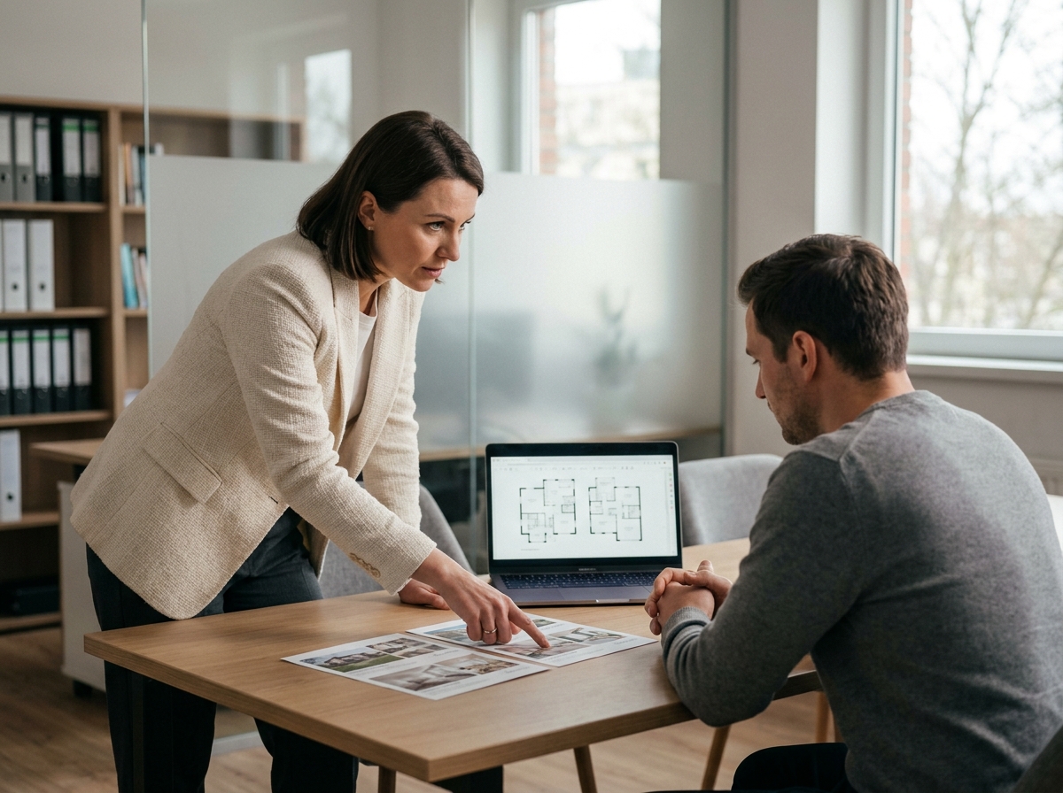 Consultante en chasse immobilière analysant des annonces avec un client dans un bureau moderne