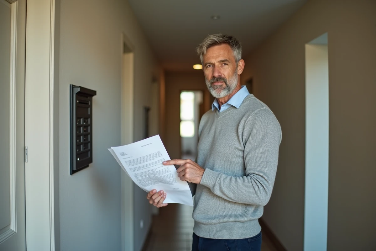 Propriétaire ou locataire tenant une lettre de contestation de charges dans un couloir d'immeuble résidentiel